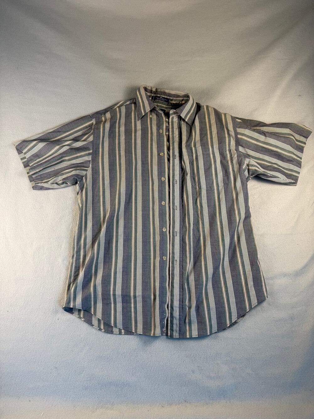 Vintage Honors Shirt Mens M Blue Green Short Sleeve Button Up Striped Classic